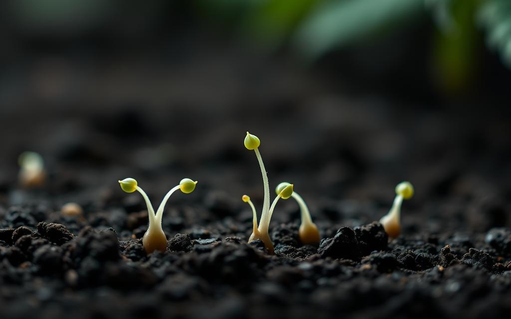 A Close-Up Shot Of Cannabis Seeds Germinating On A Dark, Moist Soil Surface. The Seeds Are Just Beginning To Sprout, With Tiny White Taproots Emerging And Pale Green Cotyledons Unfolding. Soft, Diffused Lighting From Above Illuminates The Delicate Scene, Casting Subtle Shadows That Accentuate The Texture And Contours Of The Soil. The Background Is Blurred, Creating A Sense Of Depth And Focus On The Foreground Elements. The Overall Mood Is One Of Wonder And Anticipation, Capturing The Early Stages Of The Cannabis Plant'S Life Cycle.