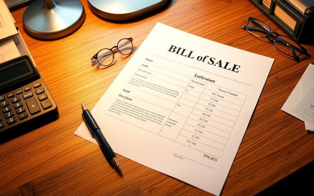 A Crisp, Clean Bill Of Sale Document Displayed On A Neatly Organized Wooden Desk, With A Pen, Calculator, And A Pair Of Eyeglasses Nearby. The Document Is Illuminated By Warm, Soft Lighting That Casts A Professional, Authoritative Atmosphere. The Foreground Features The Essential Details Like Buyer And Seller Names, Item Description, And Sale Price In Clear, Legible Text. The Middle Ground Showcases The Structure And Layout Of The Bill, Emphasizing Its Official And Legally Binding Nature. The Background Subtly Suggests A Home Office Or Small Business Setting, Conveying The Practical Context In Which Such Documents Are Typically Used.