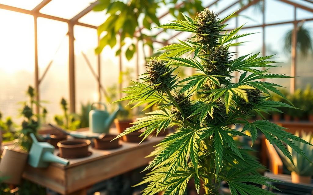 A Lush, Well-Tended Cannabis Plant In A Sun-Drenched Greenhouse. The Foreground Showcases A Verdant, Bushy Marijuana Plant With Vibrant, Sticky Green Leaves And Glistening Trichomes. The Middle Ground Features A Wooden Potting Bench With Gardening Tools, Soil, And A Watering Can, Conveying The Care And Attention Required. The Background Is Filled With The Warm, Natural Light Filtering Through The Greenhouse'S Glass Panels, Casting A Serene, Golden Glow Over The Scene. The Overall Mood Is One Of Tranquility, Nourishment, And The Gentle Cultivation Of This Resilient Plant.