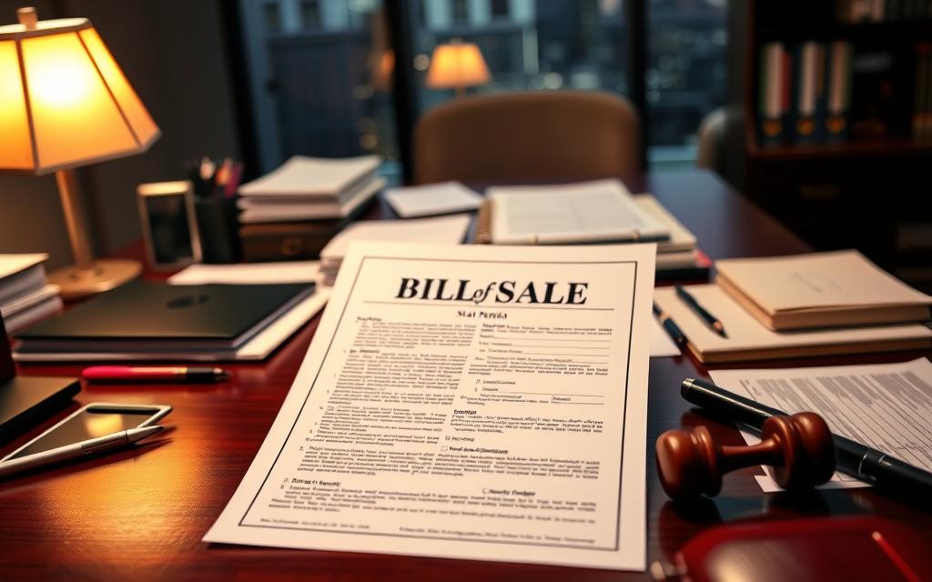 A Neatly Organized Office Desk, With A State-Specific Bill Of Sale Form Prominently Displayed, Surrounded By Various Legal Documents And Office Supplies. Warm, Focused Lighting Illuminates The Scene, Creating A Professional And Authoritative Atmosphere. The Form'S Layout And Design Elements Convey A Sense Of Precision And Attention To Detail, Reflecting The Importance Of Adhering To State-Specific Requirements. In The Background, A Blurred Cityscape Or Office Interior Provides A Subtle Contextual Element, Emphasizing The Practical, Real-World Application Of The Bill Of Sale Process.