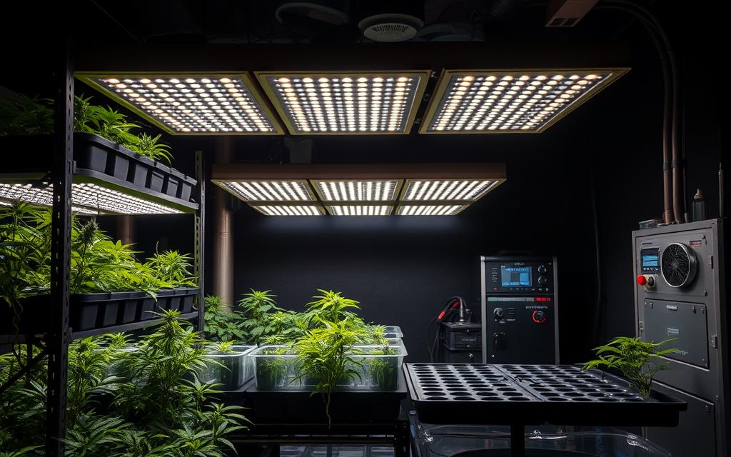 A Well-Organized Cannabis Grow Lights Setup In A Dimly Lit Indoor Space. In The Foreground, An Array Of High-Intensity Led Grow Lights Mounted On Adjustable, Multi-Tiered Shelving Units. The Middle Ground Features Various Hydroponic Systems, Including A Large Deep Water Culture Tank And A Modular Growing Tray System. In The Background, A Compact Environmental Control Unit With Temperature And Humidity Monitors. The Overall Atmosphere Is Focused, Technical, And Optimized For Lush, Healthy Cannabis Plant Growth.