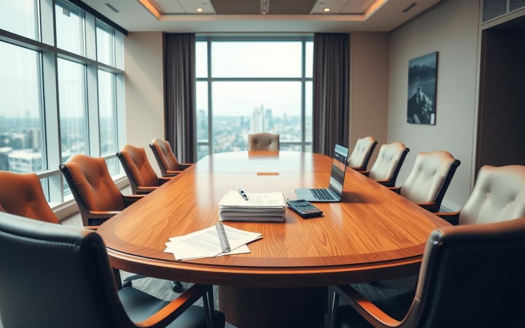 A Spacious, Well-Lit Office Setting With A Large Wooden Conference Table At The Center. Elegant Chairs Surround The Table, And A Large Window In The Background Offers A Scenic View Of A Cityscape. On The Table, A Stack Of Legal Documents, A Calculator, And A Laptop Computer Symbolize The Task Of Dividing Assets During A Divorce Proceeding. The Room Has A Warm, Professional Atmosphere, With Soft Lighting And A Neutral Color Palette. The Overall Composition Conveys The Complex And Meticulous Nature Of Asset Division, A Key Factor In The Outcome Of A Divorce Case.
