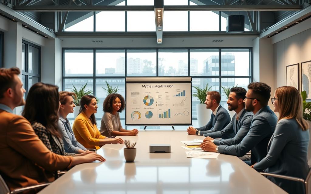 A Wide View Of A Large, Modern Office Space With High Ceilings And Abundant Natural Light. In The Foreground, A Team Of Diverse Individuals, Each Representing Different Socioeconomic Backgrounds, Are Gathered Around A Conference Table, Engaged In A Lively Discussion. Their Body Language And Facial Expressions Suggest A Sense Of Collaboration And Understanding. In The Middle Ground, A Whiteboard Displays Various Charts And Graphs, Illustrating The Myths Surrounding Equitable Distribution. The Background Features Sleek, Minimalist Decor, With Strategically Placed Potted Plants And Modern Artwork On The Walls, Creating A Professional Yet Welcoming Atmosphere. The Lighting Is Soft And Diffused, Casting A Warm Glow Over The Scene, Conveying A Sense Of Openness And Transparency.